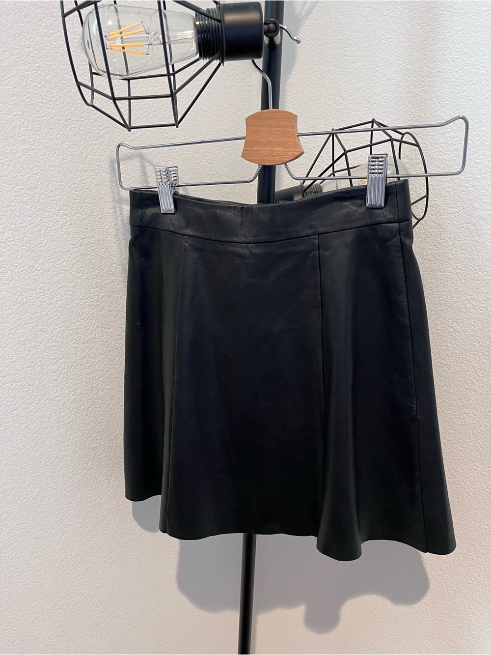 All Saints Black Leather Skater Skirt